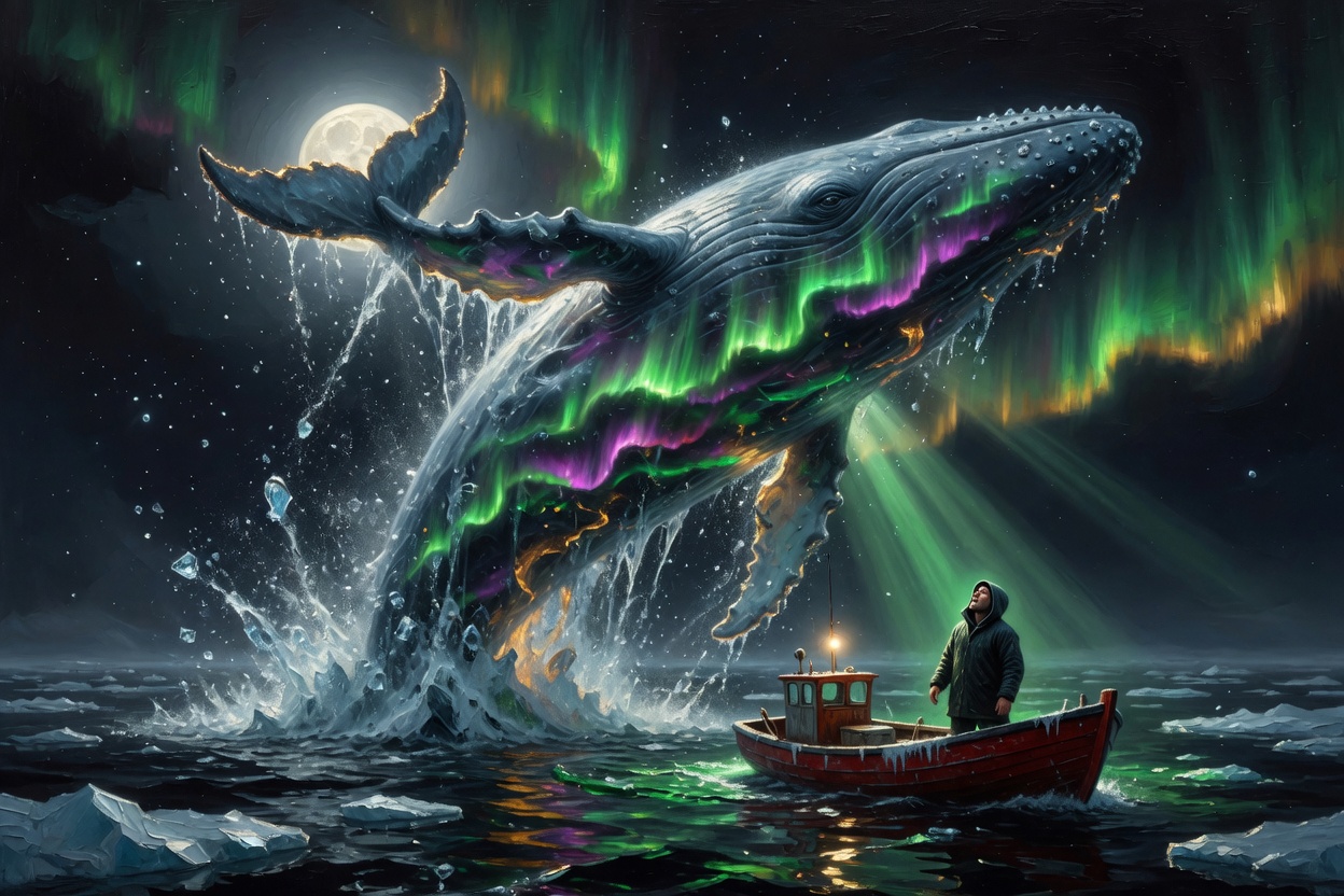 A whale the size of a mountain range breaching at midnight with the northern lights trapped inside it