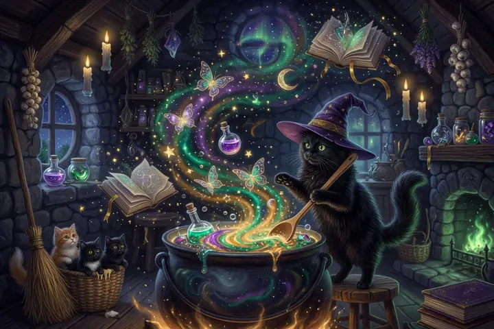 The witch's cat stirs the cauldron
