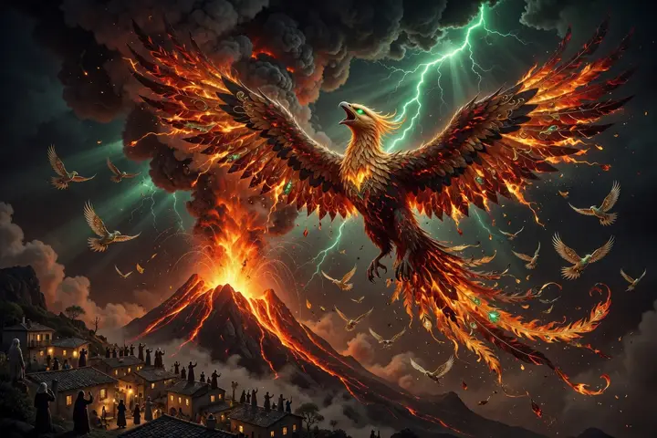 The phoenix rising from the volcano