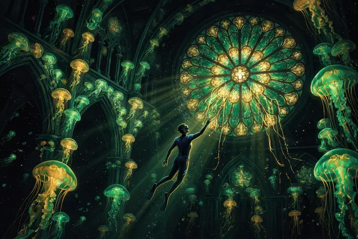 The diver in the cathedral of jellyfish