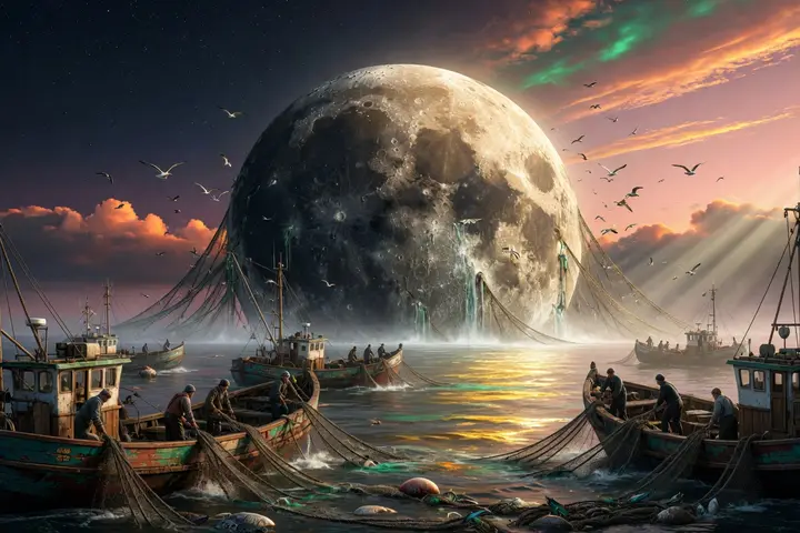 The moon caught in a fishing net