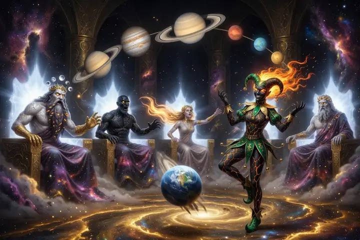 The jester juggles the planets