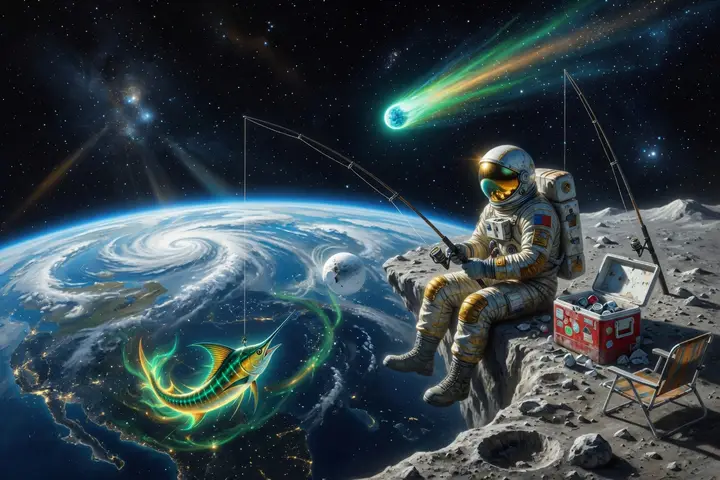 The astronaut fishing on the moon