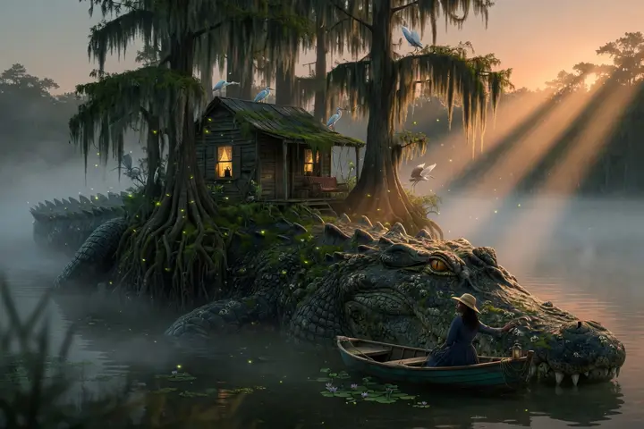 The alligator who carries the swamp