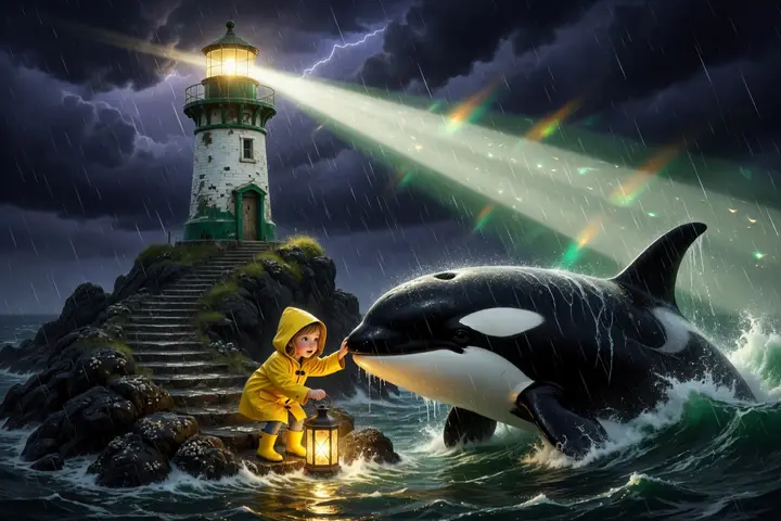 The orca and the girl at the lighthouse