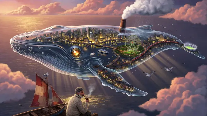 The glass whale carrying a city