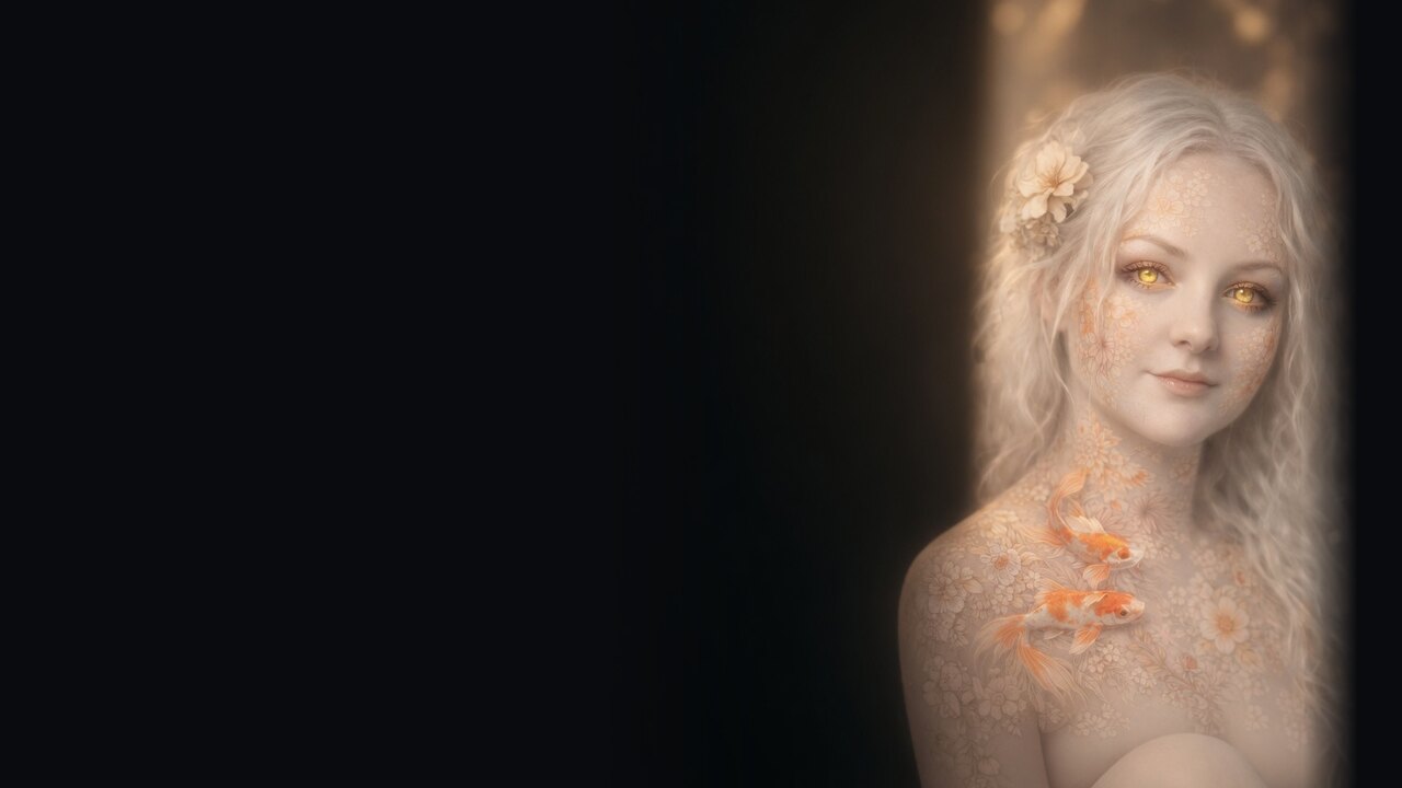 Mneva, a pale woman with white-blonde hair, gold eyes, flowers drawn across her skin and two koi at her collarbone